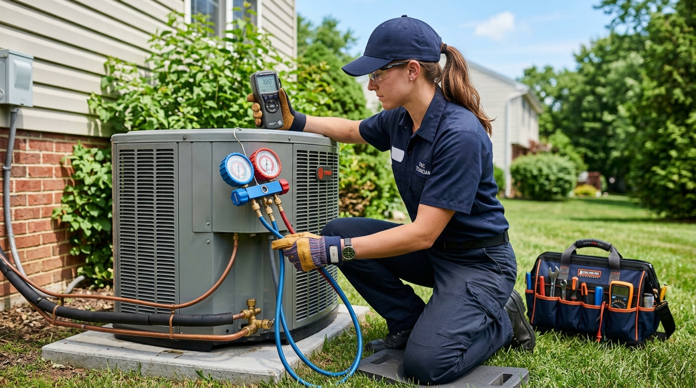 Technician checking refrigerant lines and airflow on a residential AC system.