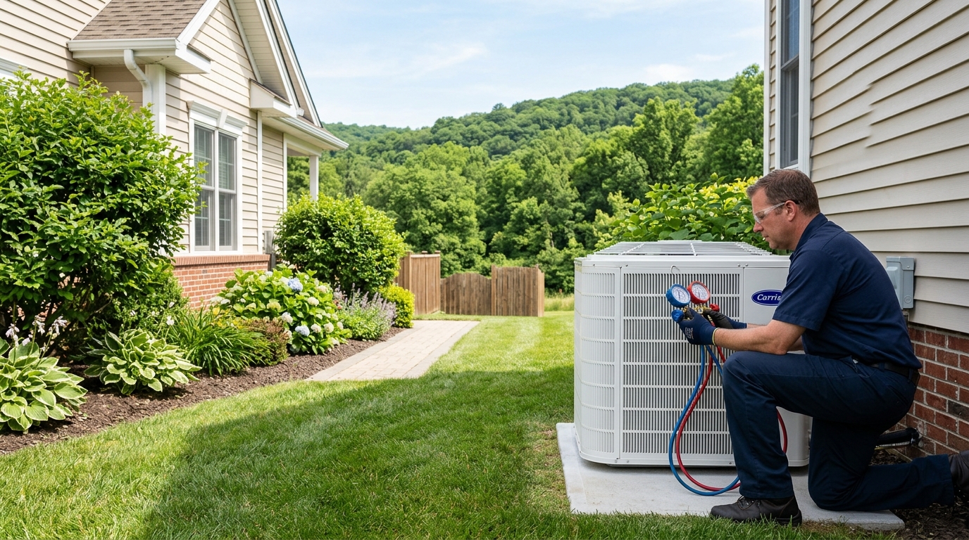HVAC technician inspecting an outdoor AC condenser at a Sussex County home during summer.