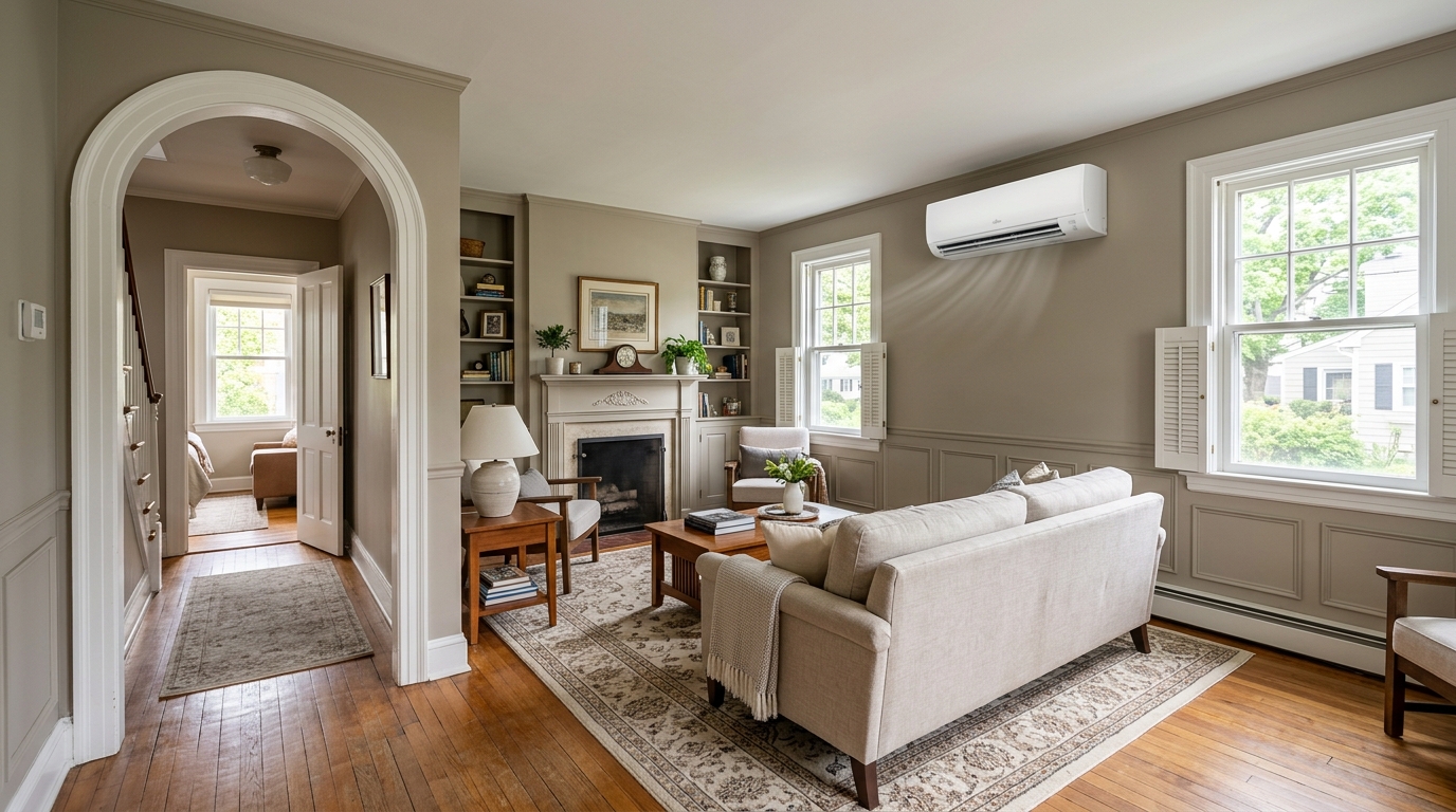 Wall-mounted ductless mini-split providing room-by-room comfort inside an older New Jersey home