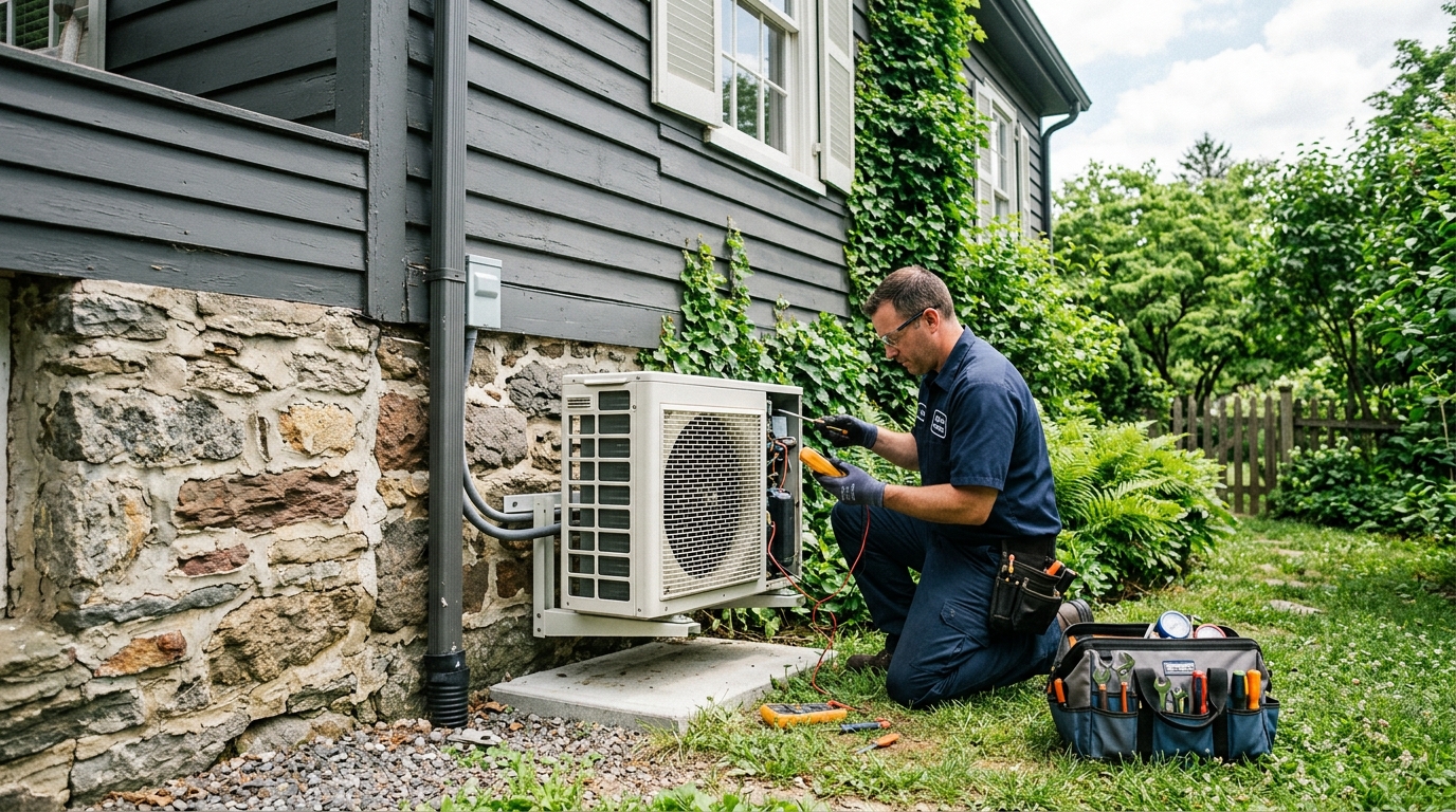 HVAC technician inspecting a ductless mini-split outdoor condenser near an older home foundation