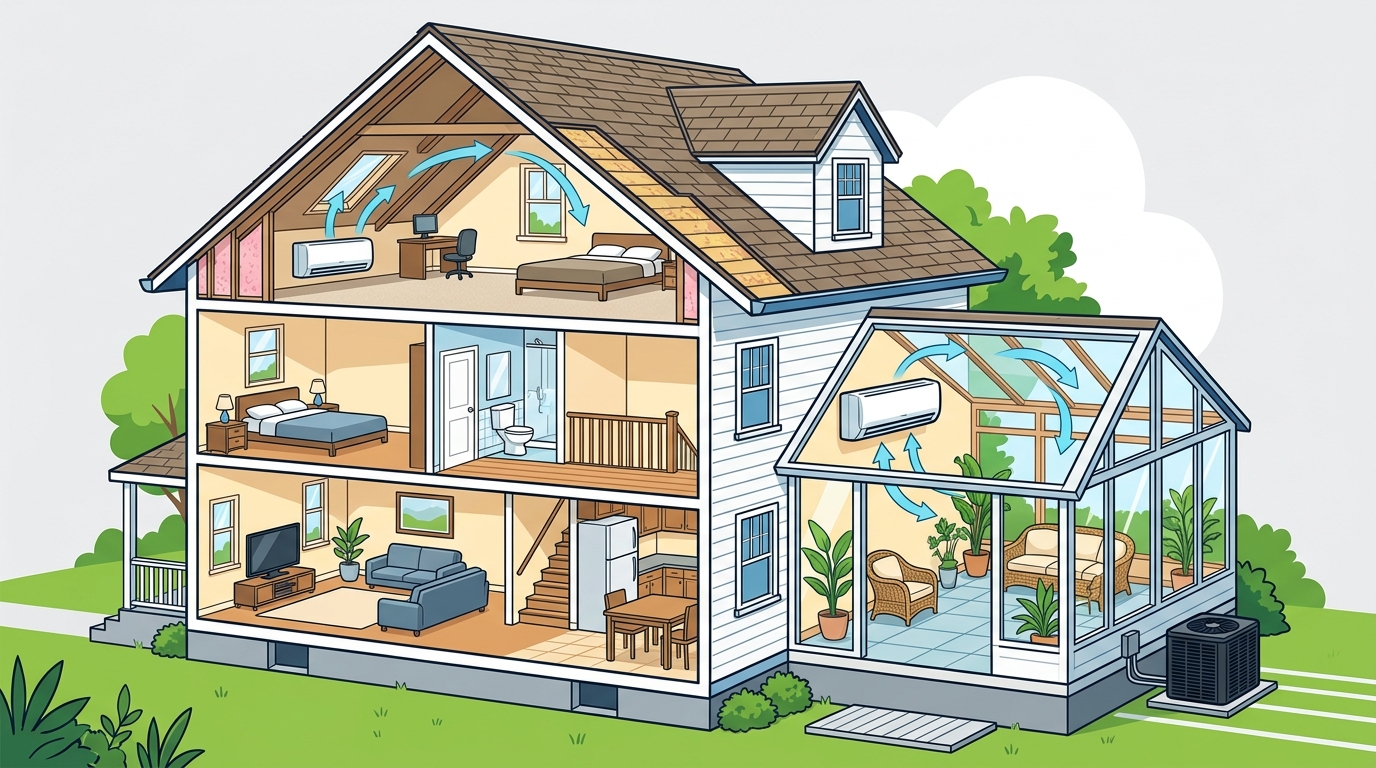 Ductless mini-split zoning concept for finished attics and sunrooms in older homes
