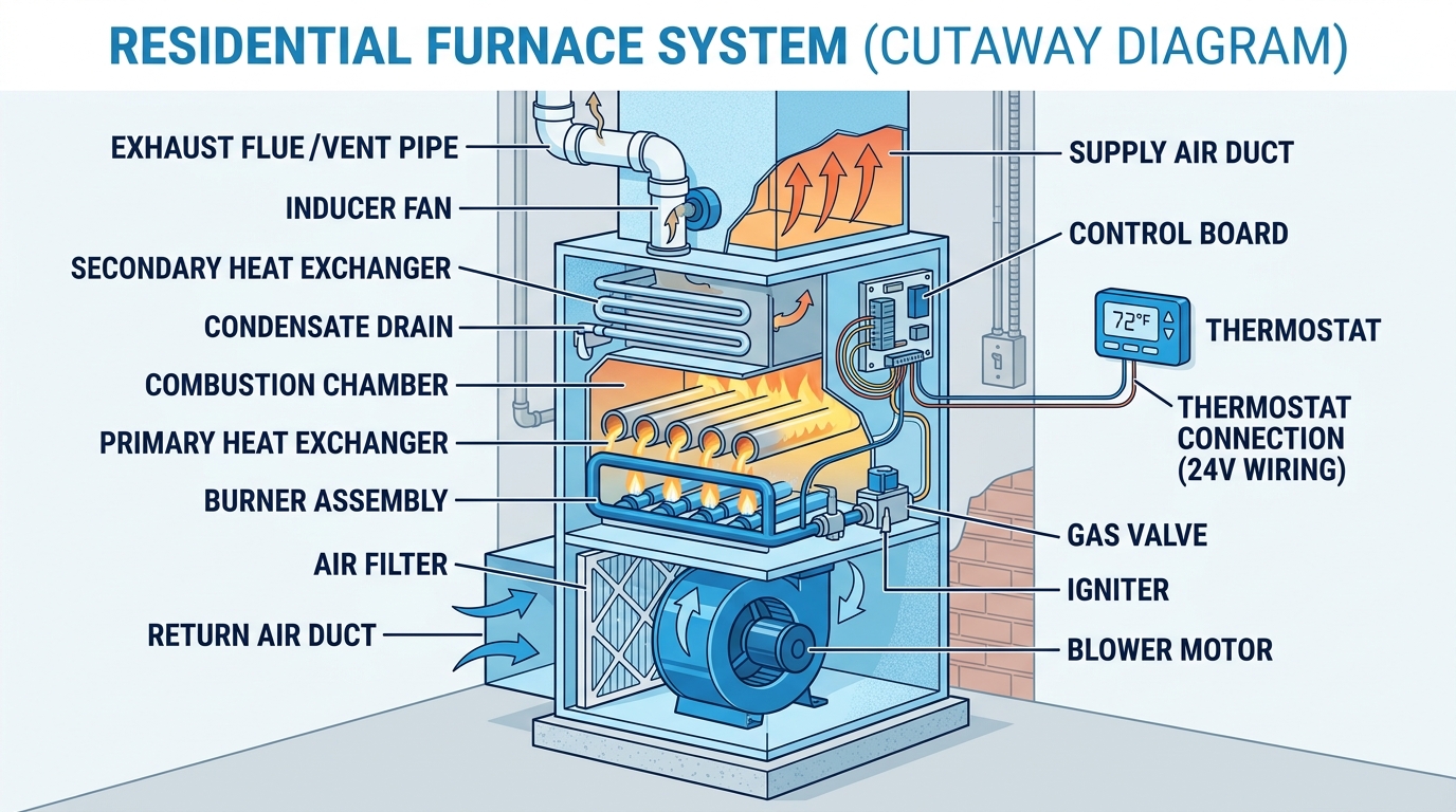 Cutaway diagram of residential furnace components
