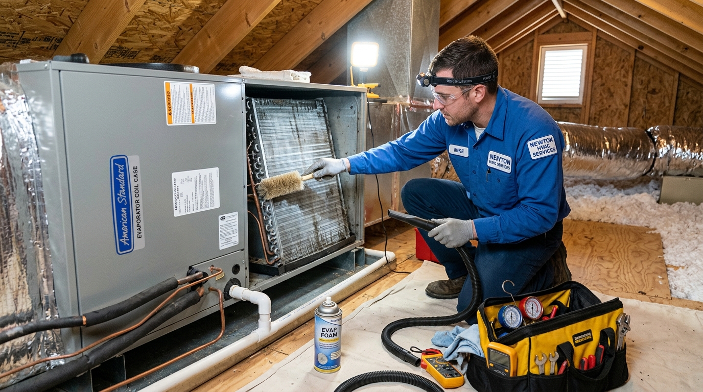 HVAC technician inspecting evaporator coils during annual maintenance visit in Newton NJ