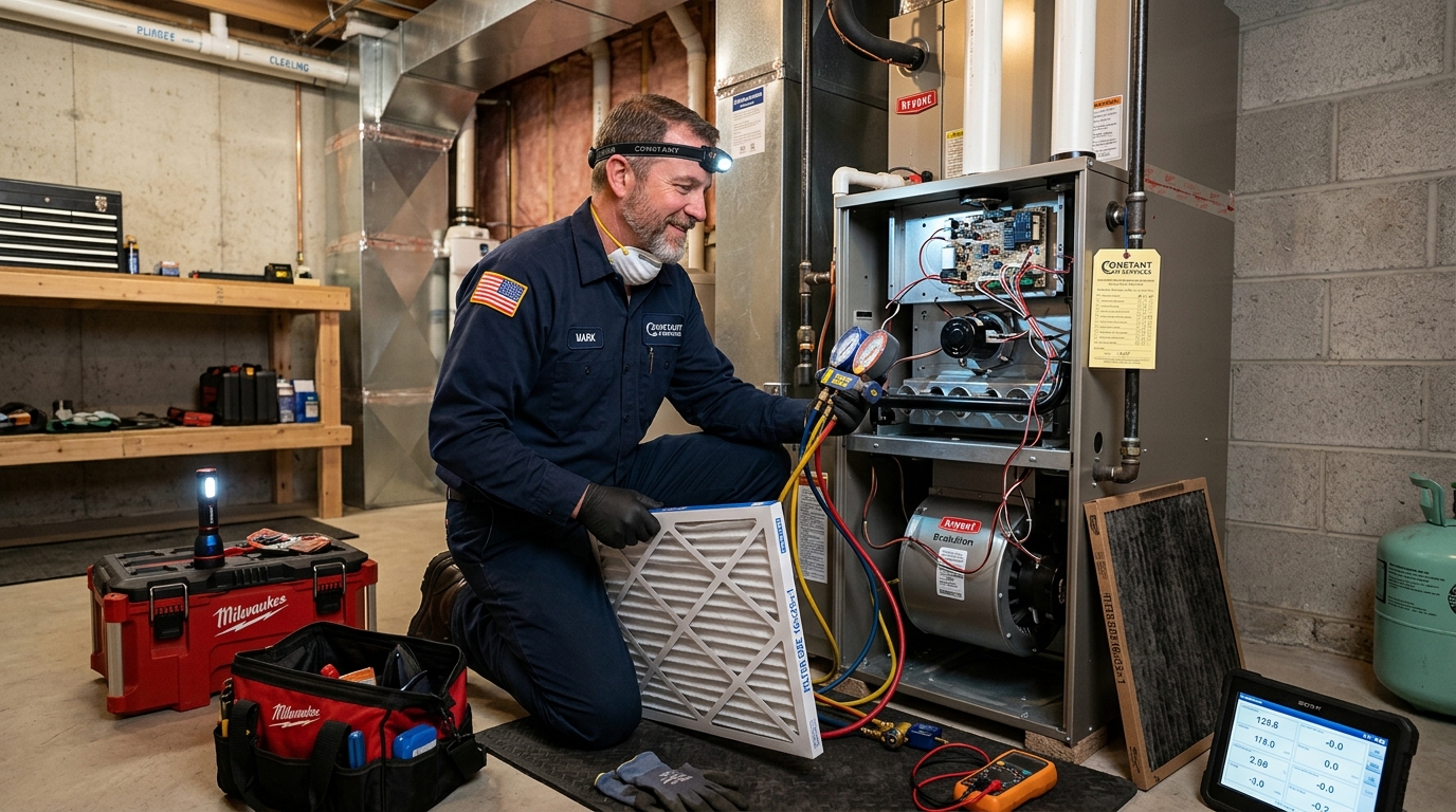 HVAC technician performing preventive maintenance on furnace in Sussex County NJ home