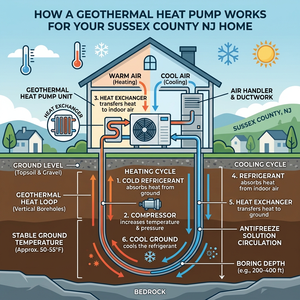 Diagram of geothermal heat pump system for Sussex County NJ homes
