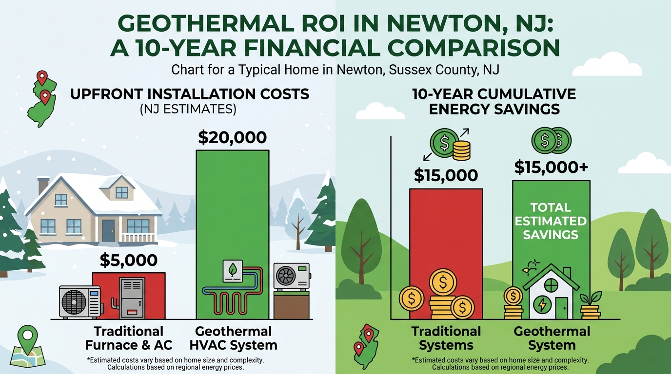 Chart showing geothermal HVAC costs and 10-year savings in Sussex County NJ