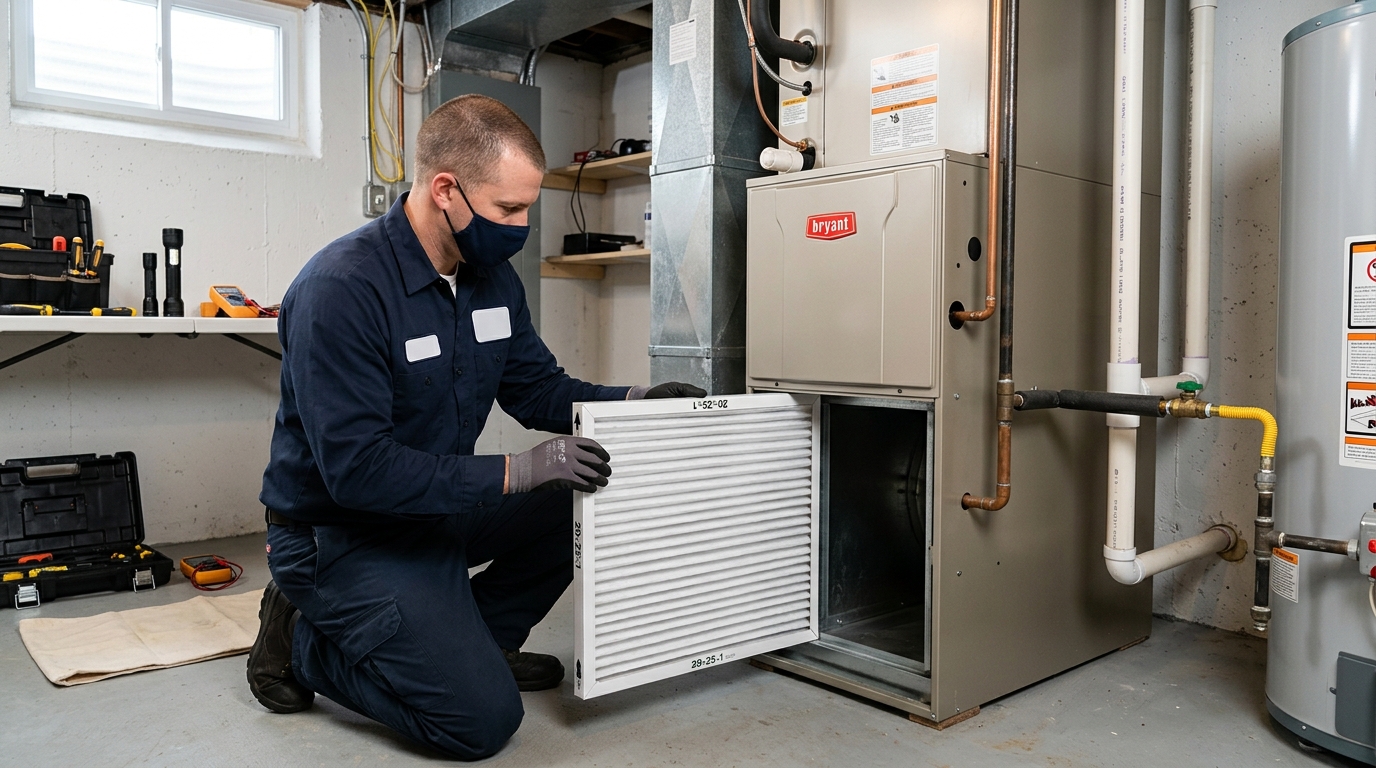 Professional replacing an HVAC filter during residential air conditioning maintenance.