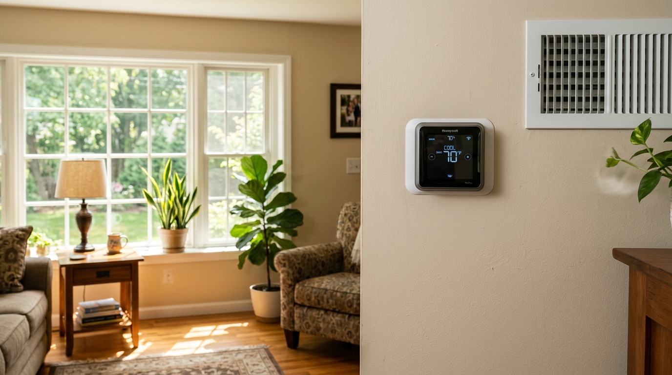 Home thermostat and supply vent showing cooling and humidity control indoors.