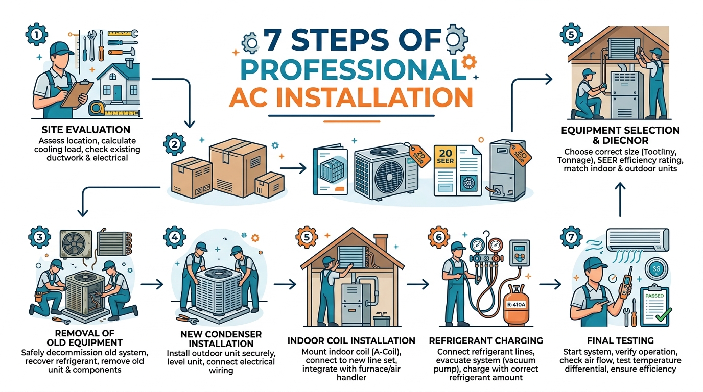 7-step AC installation process diagram