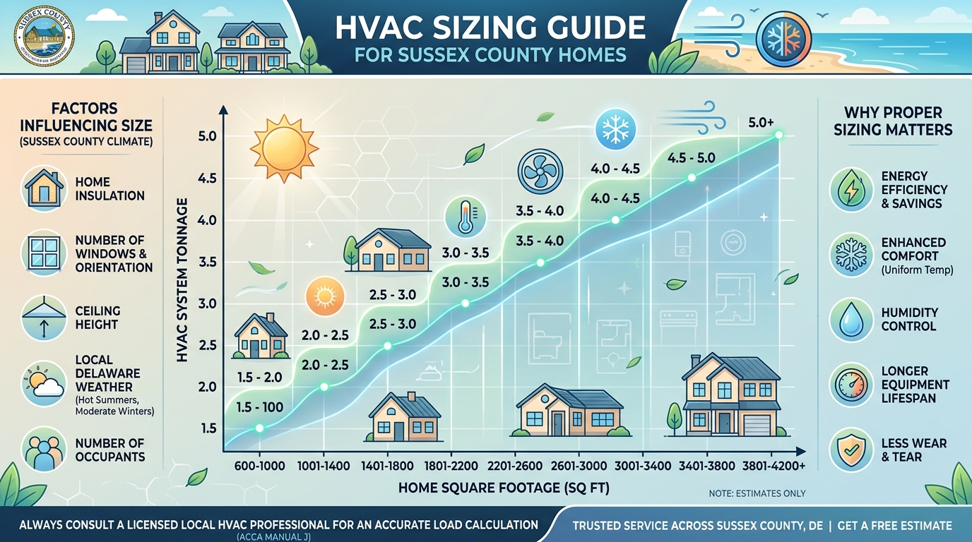 HVAC sizing chart showing tonnage versus home square footage for Sussex County homes