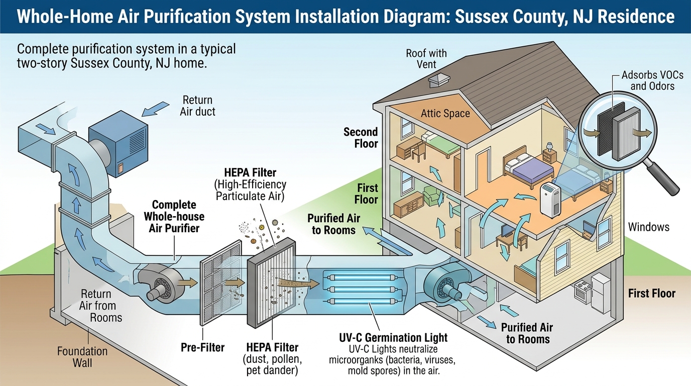 Air purification system installation diagram showing HEPA filters, UV-C lights, and air flow