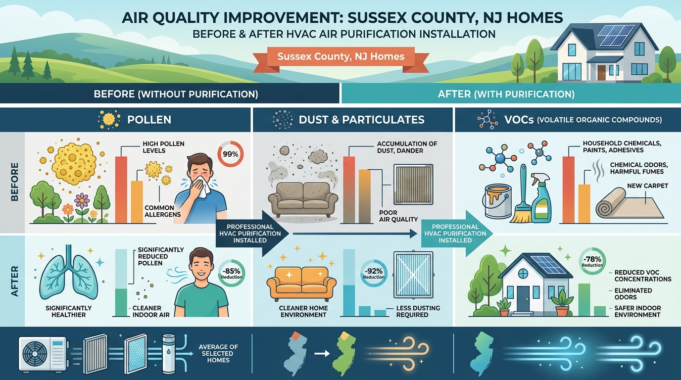 Before and after air quality improvement chart showing pollen, dust, and VOC reduction