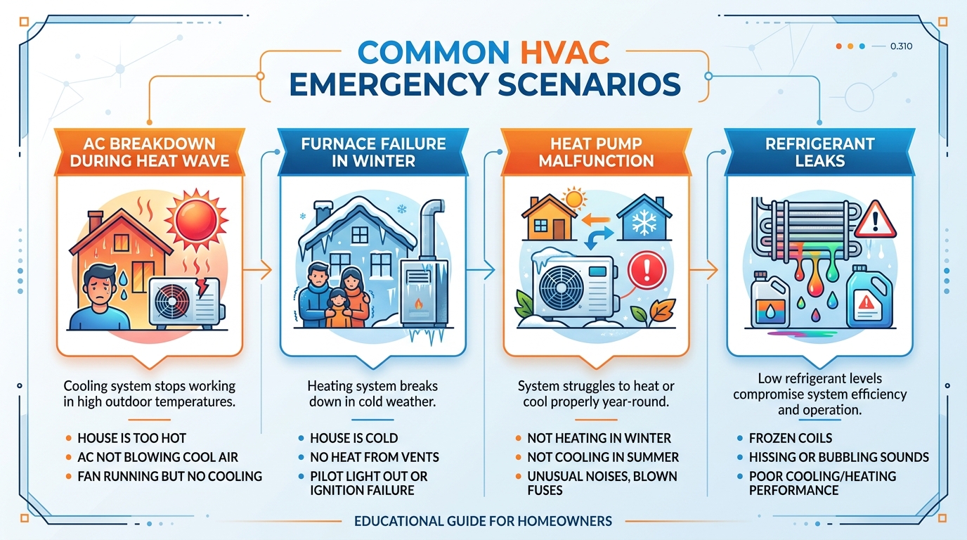 Diagram of common HVAC emergency scenarios including AC breakdown, furnace failure, heat pump issues, and refrigerant leaks