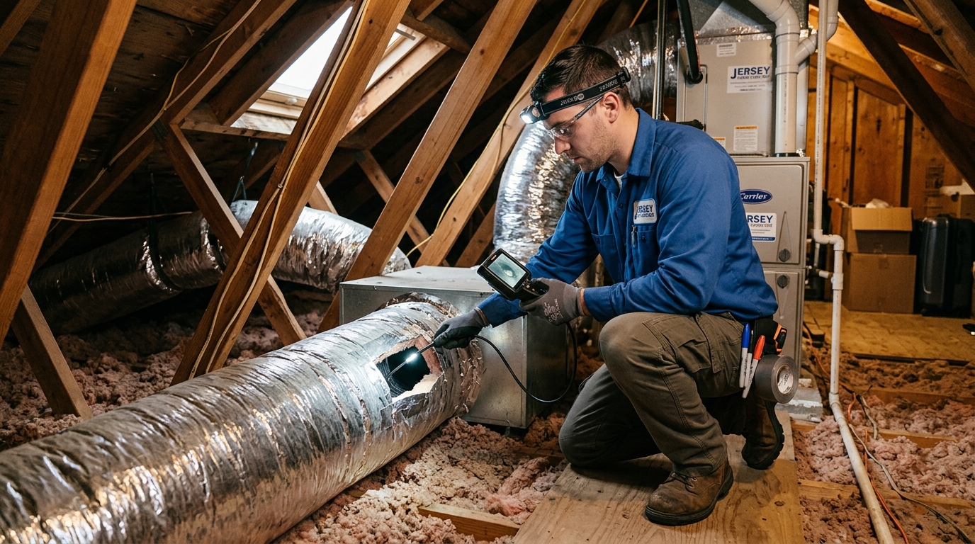 HVAC technician inspecting ductwork in a New Jersey home attic