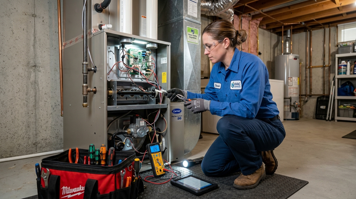 HVAC technician performing emergency furnace repair in New Jersey home