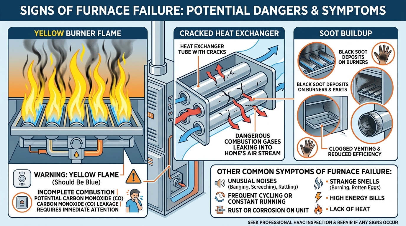 Signs of furnace failure: cracked heat exchanger, yellow flame, soot buildup