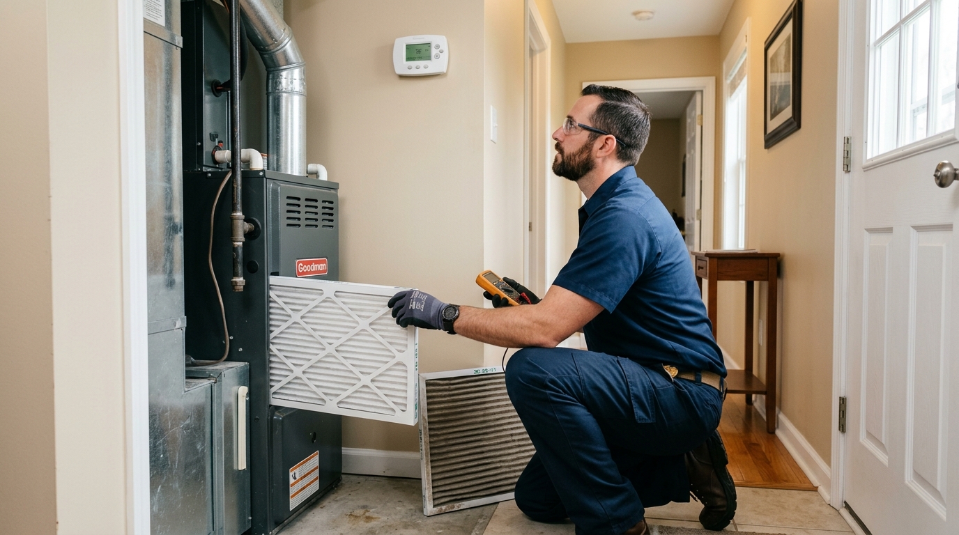 HVAC technician replacing a furnace filter during preventive maintenance
