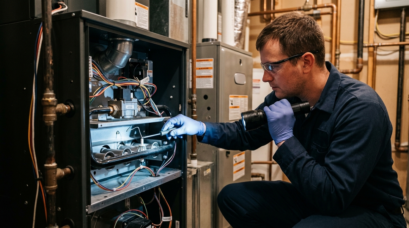 Technician checking a furnace burner and flame sensor during a heating repair visit