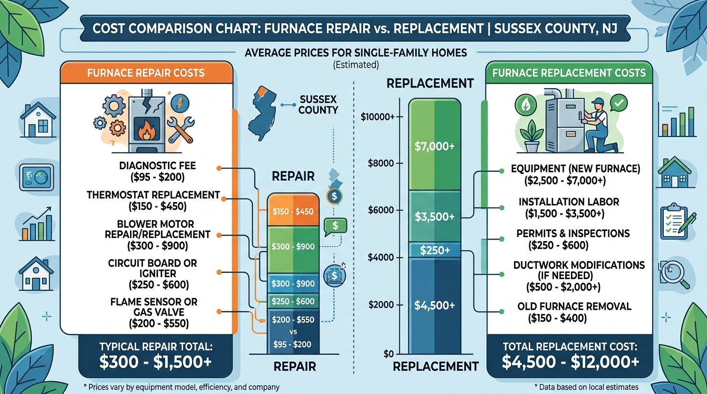 Cost comparison chart: furnace repair vs replacement in Sussex County NJ