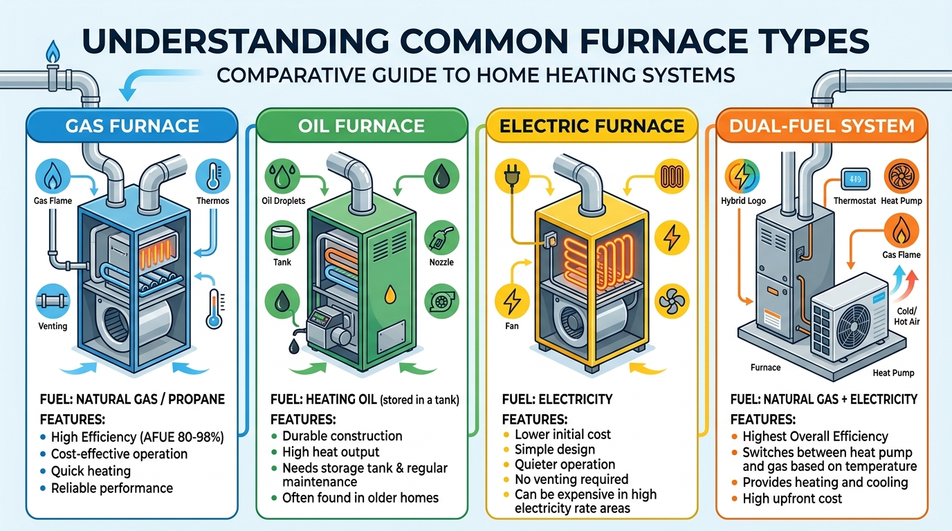 Comparison of different furnace types: gas, oil, electric, and dual-fuel systems