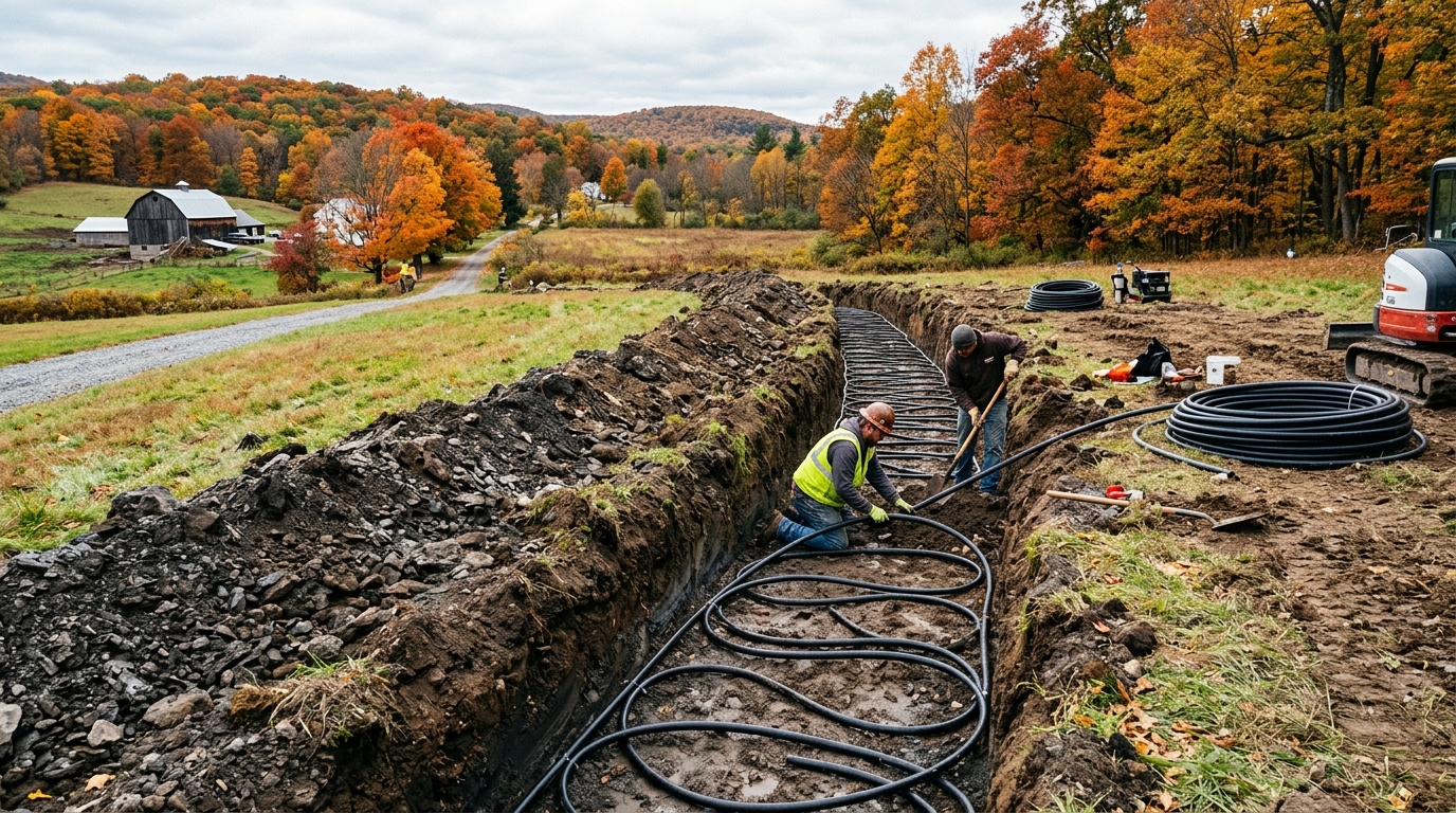 Geothermal ground loop installation in Sussex County NJ landscape