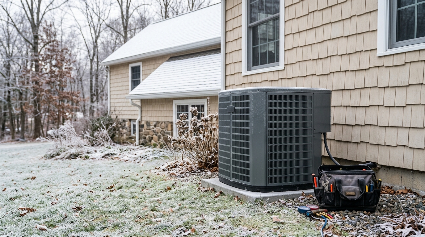 Residential heat pump outside a Sussex County home in cold weather