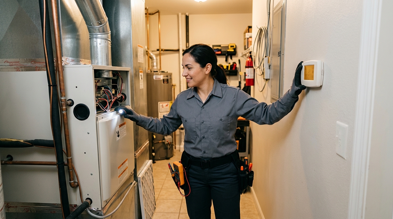 HVAC technician checking thermostat and indoor heat pump controls