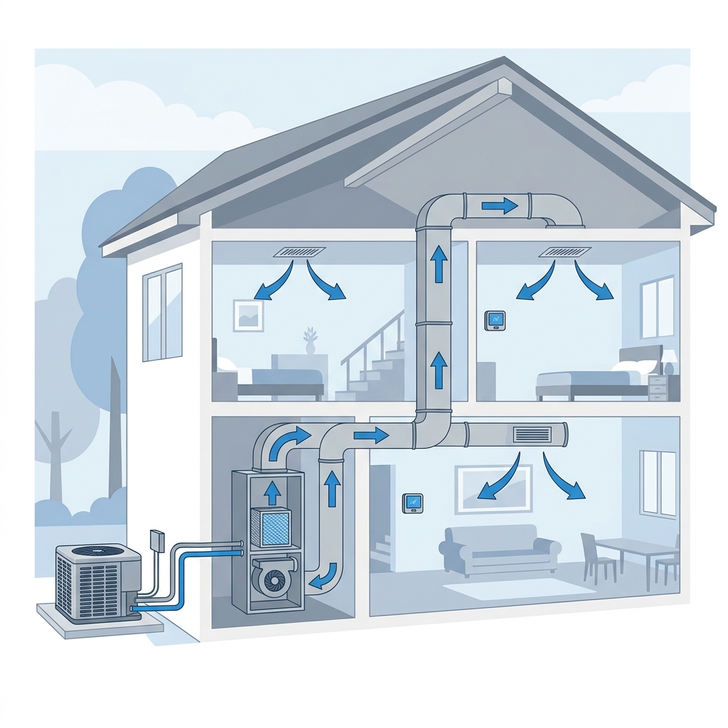 Illustration of a home heat pump system with outdoor unit and indoor air handler