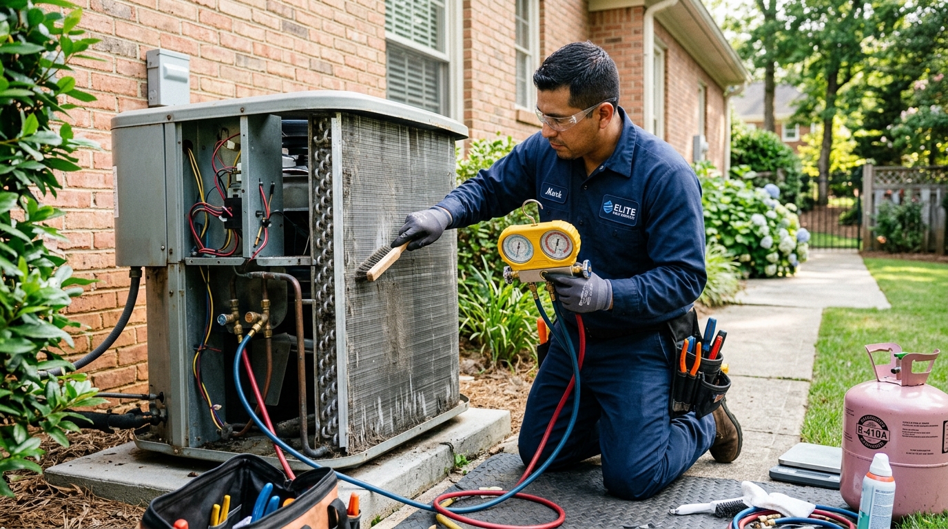HVAC technician performing AC maintenance