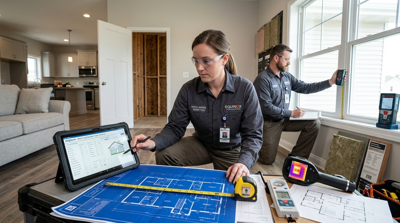 Professional HVAC technician conducting Manual J load calculation for proper furnace sizing