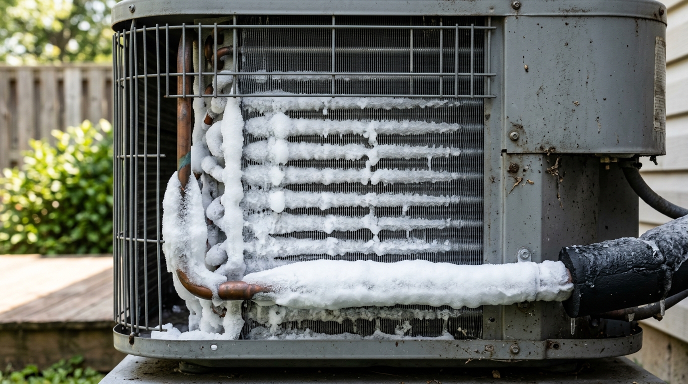 Air conditioner with ice buildup indicating a problem