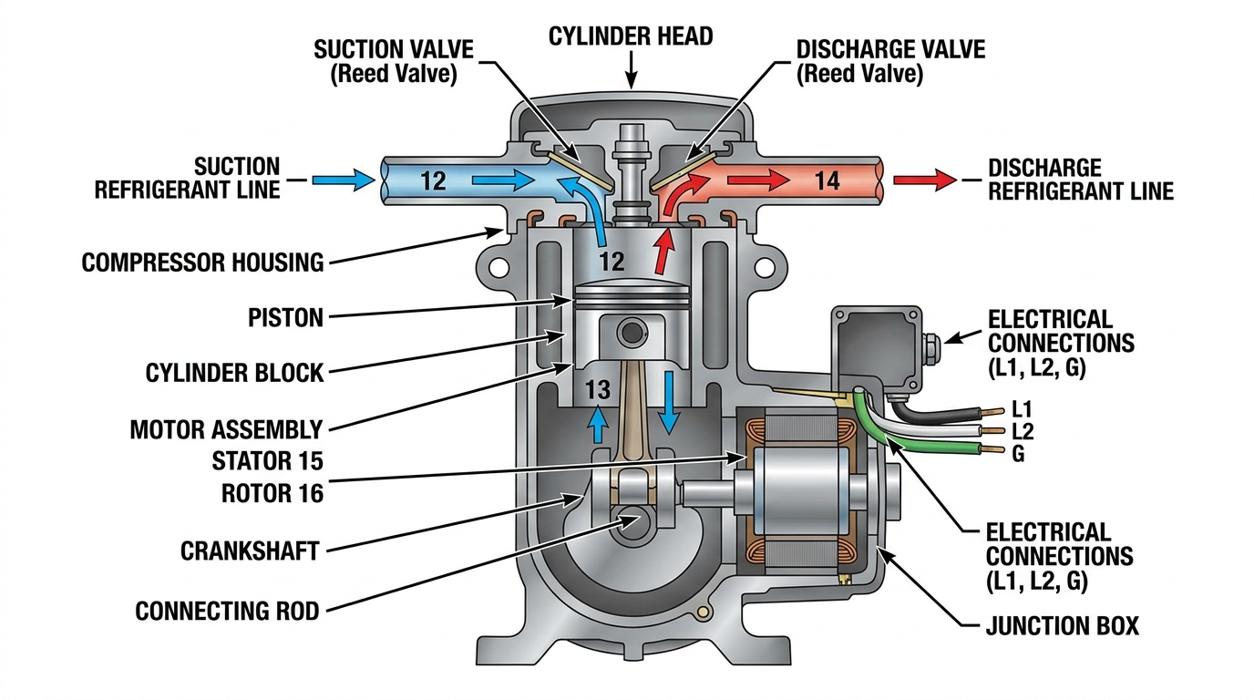Diagram of AC compressor internal components