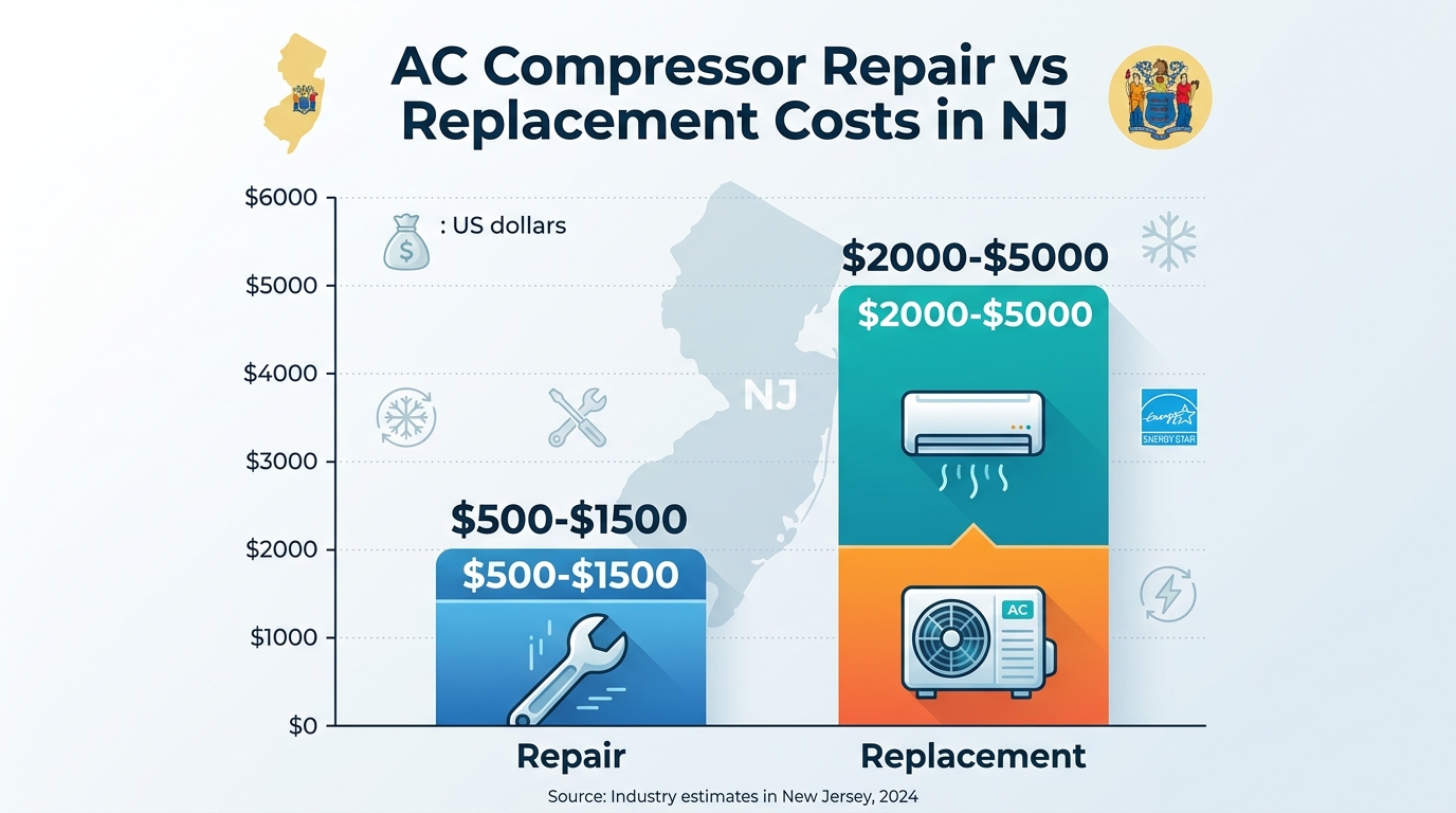 Cost comparison chart for AC compressor repair vs replacement in New Jersey