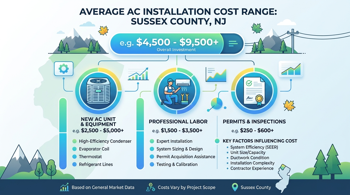 Chart showing average AC installation cost range in Sussex County NJ