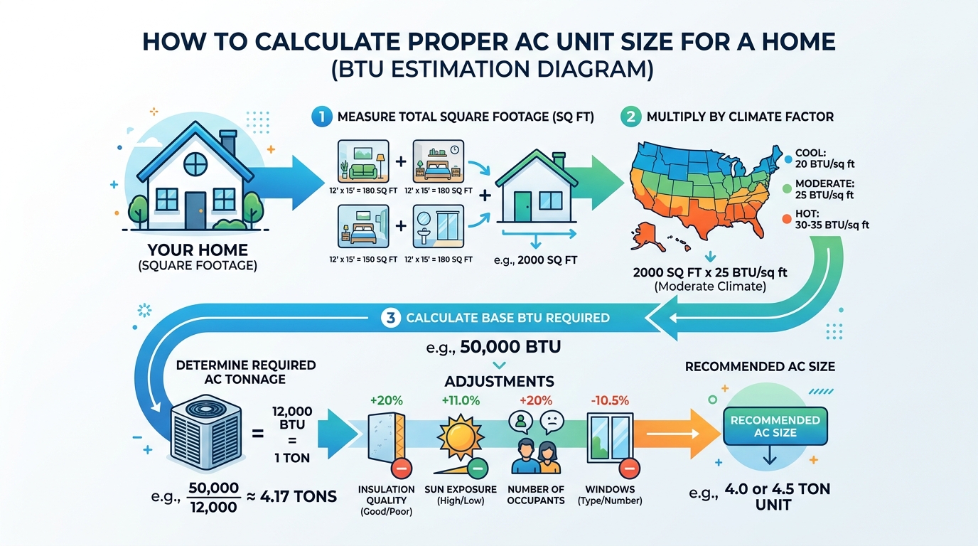Diagram showing how to calculate proper AC unit size for home square footage