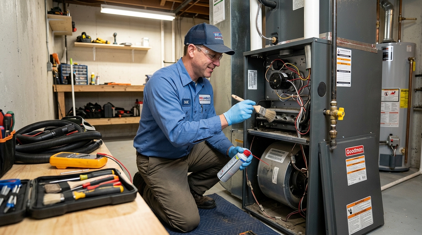 Technician performing furnace maintenance
