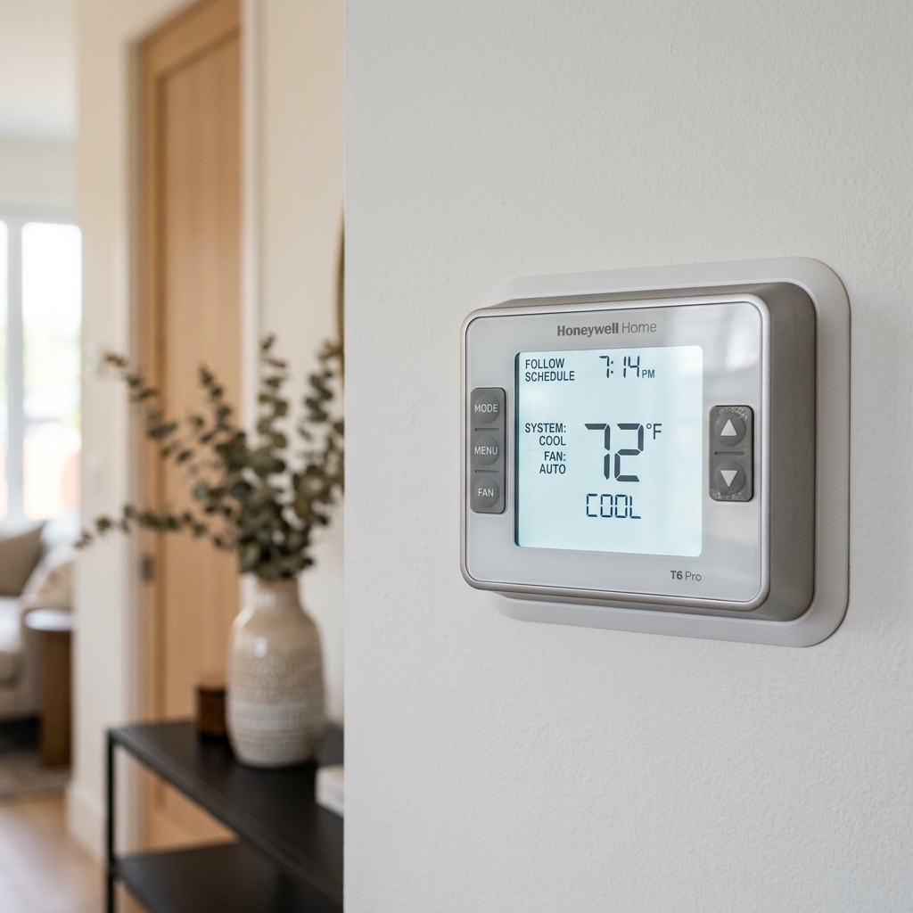 Digital thermostat showing COOL mode