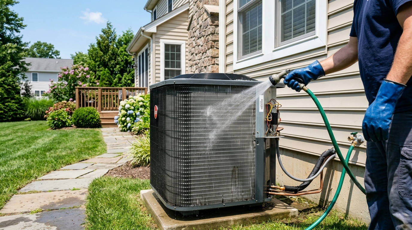 Cleaning outdoor AC condenser unit with garden hose