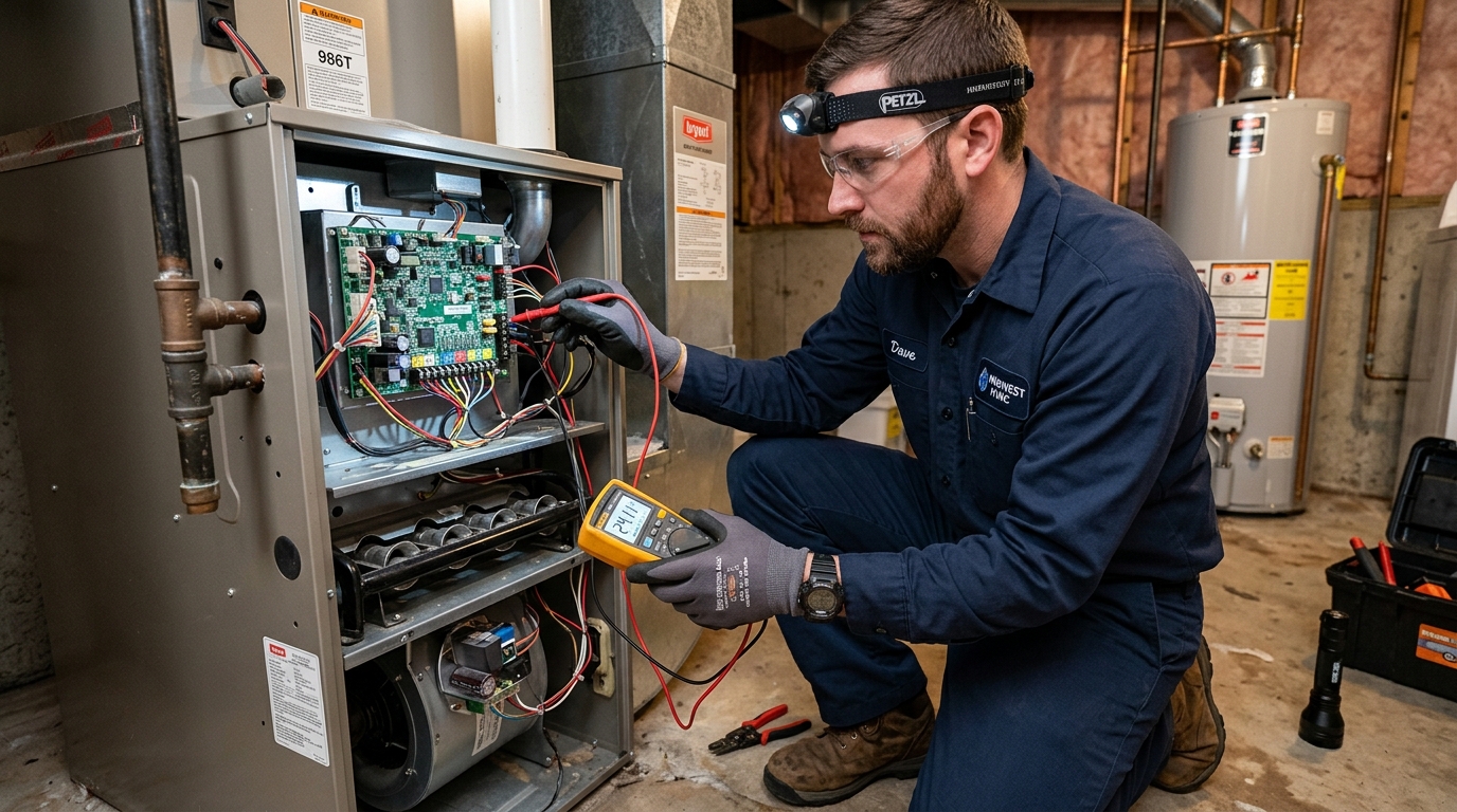 Technician diagnosing furnace with multimeter