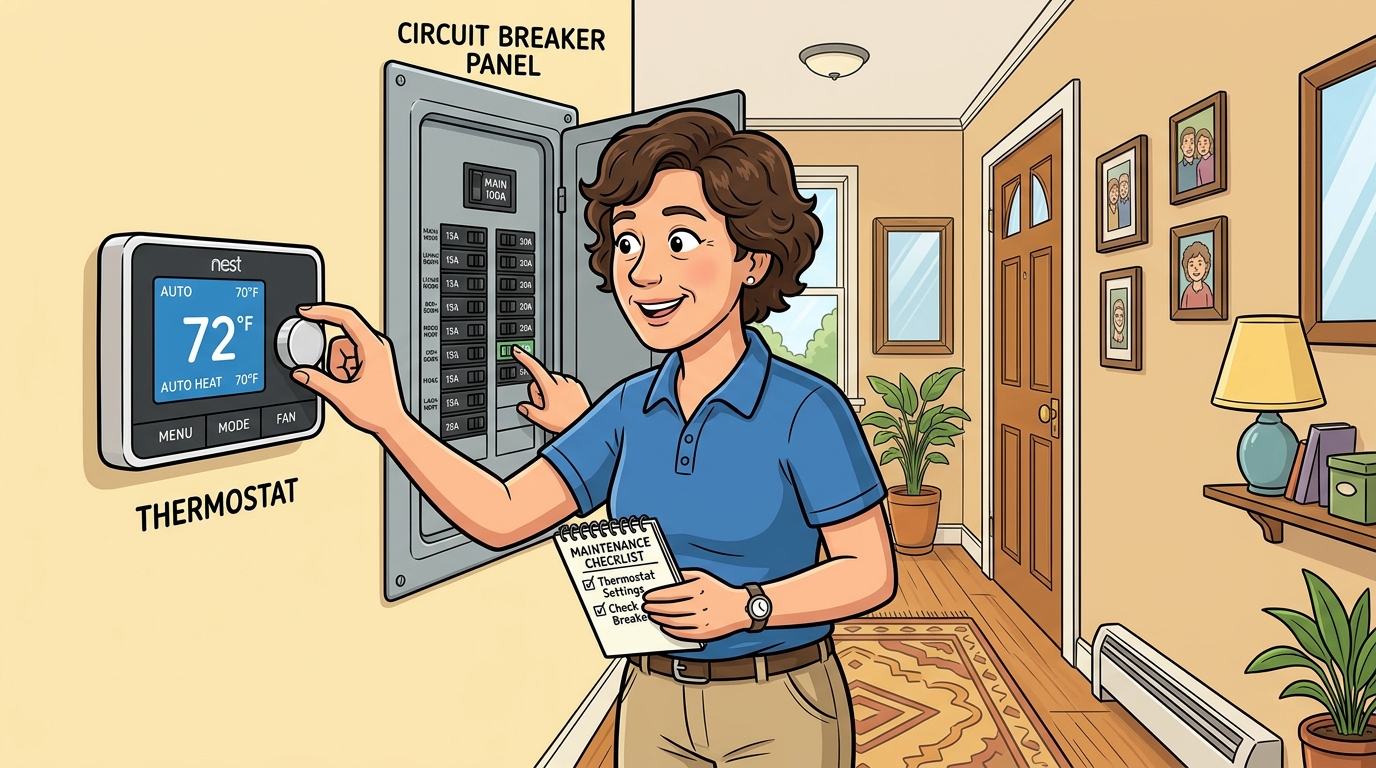 Homeowner checking thermostat and circuit breaker
