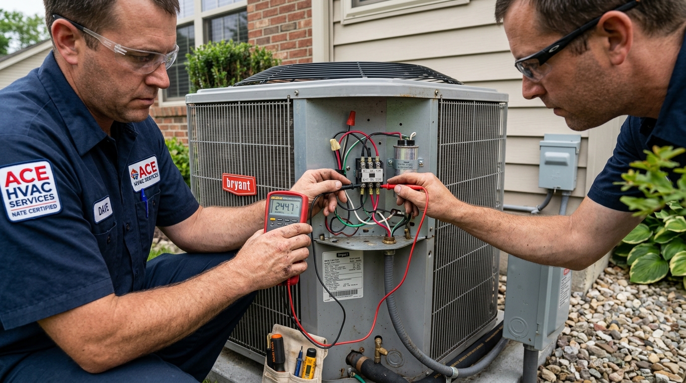 HVAC contractor inspecting AC compressor with multimeter