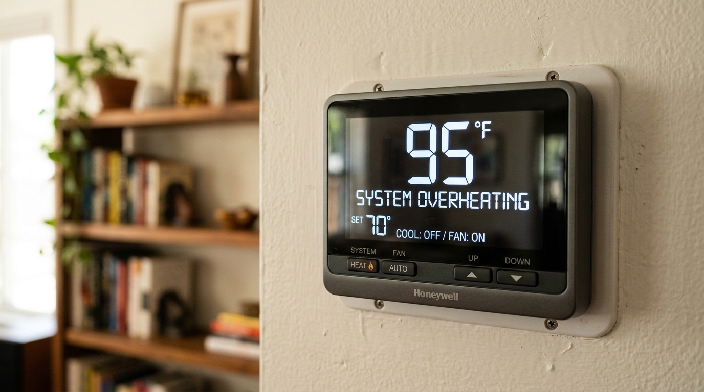 Thermostat showing high temperature indicating HVAC emergency