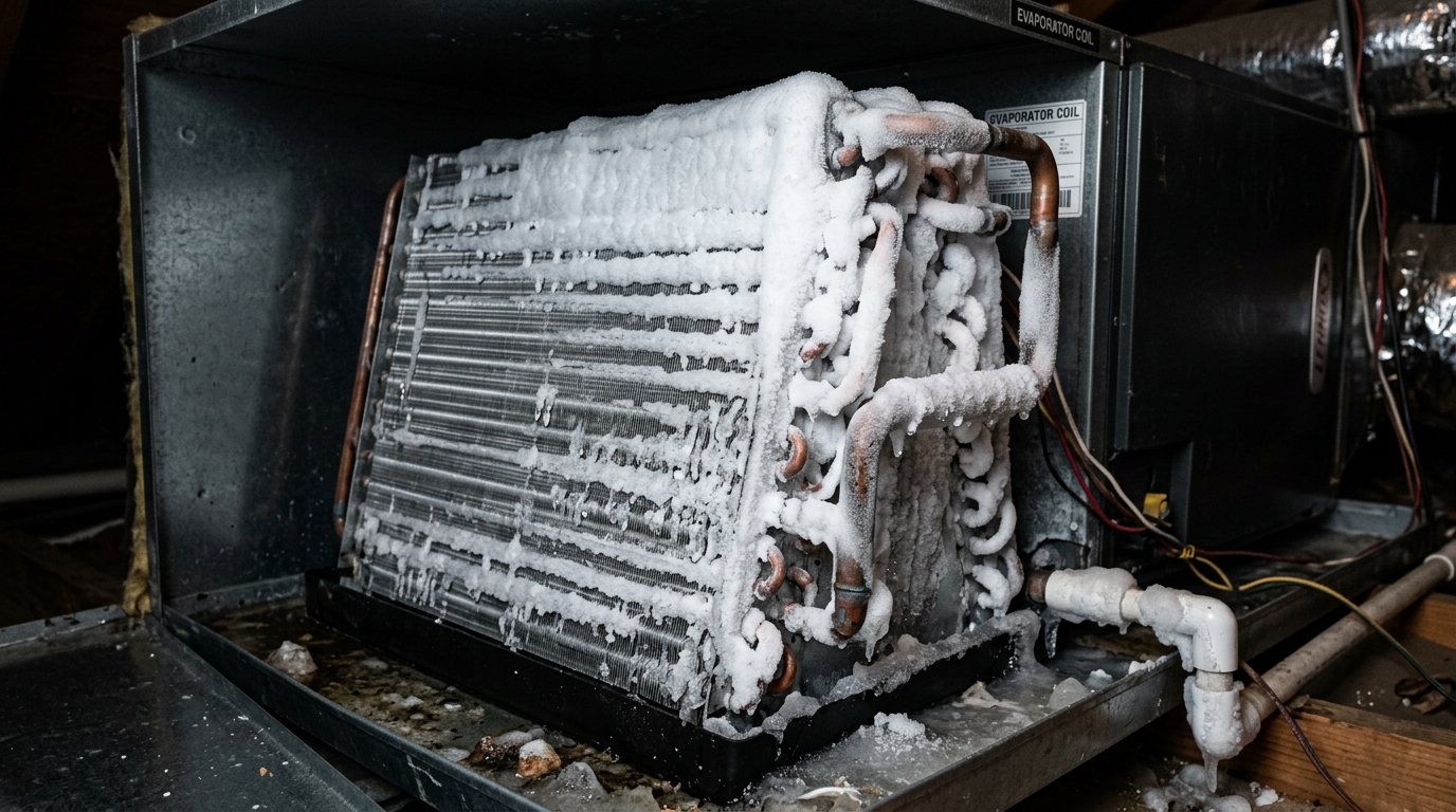Frozen air conditioner coil with ice buildup