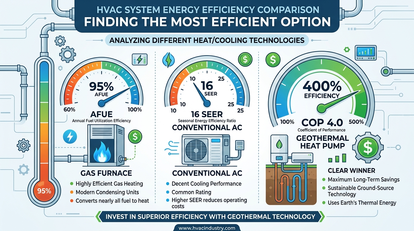 Geothermal heat pump efficiency compared to traditional furnaces and AC units