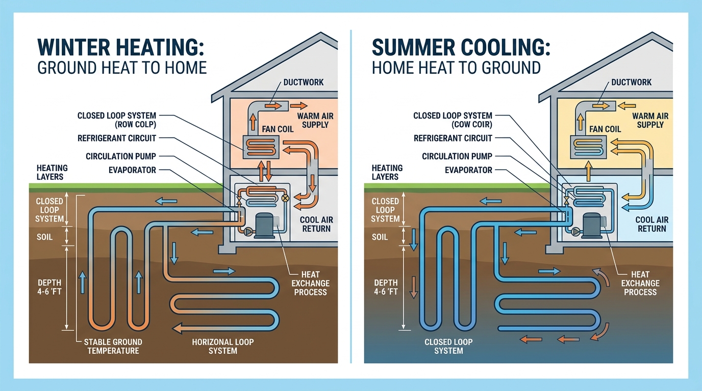 How a geothermal HVAC system works - ground loop pipes and heat exchange