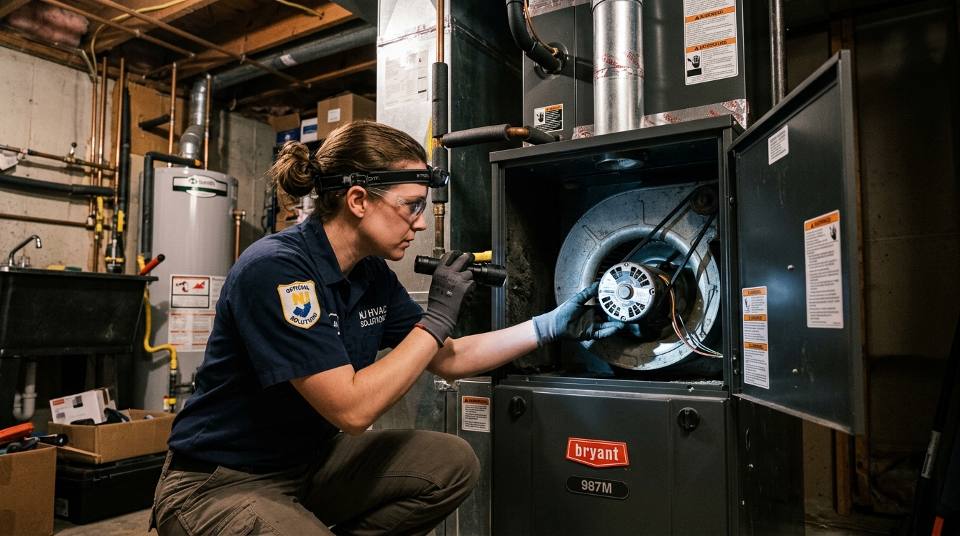 Licensed HVAC technician inspecting furnace blower motor in Newton NJ